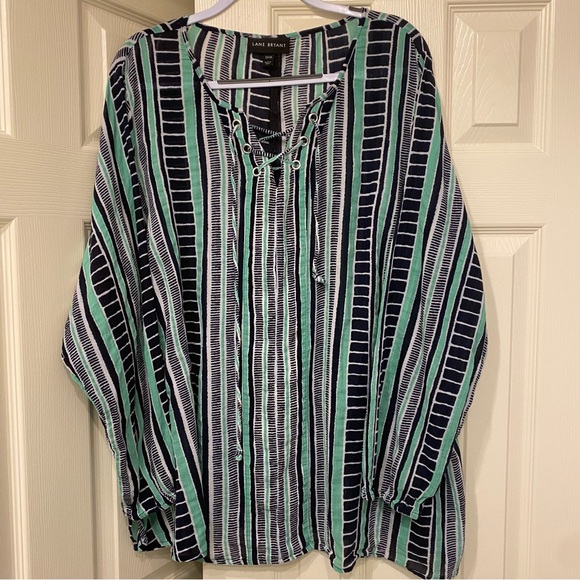 Lane Bryant Tops - Lane Bryant Navy and Green Striped Cotton Blouse EUC